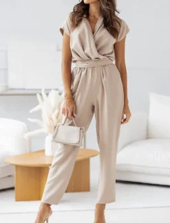 New Women's Normal2 Pieces SetsStreetwear Casual Half Sleeve V Neck Solid Color Pocket Belted Street Daily Going out Black Fuchsia Apricot Summer Regular Fit Women Two Piece Sets