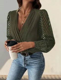 Hot Women's Normal Playsuit Stylish Solid Color Long Sleeve V Neck Party Work Regular Fit Black Red Green Spring Women Bodysuits