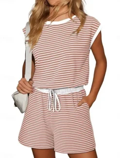 Women's Normal Romper Active Striped Short Sleeve Round Neck Pocket Drawstring Vacation Daily Regular Fit Black White Pink Summer Women Graphic Jumpsuit