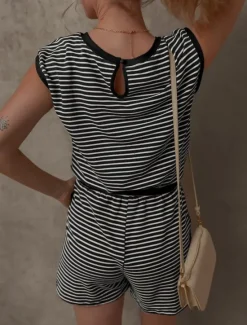 Women's Normal Romper Active Striped Short Sleeve Round Neck Pocket Drawstring Vacation Daily Regular Fit Black White Pink Summer Women Graphic Jumpsuit