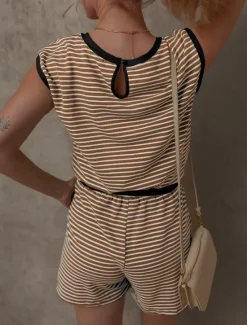 Women's Normal Romper Active Striped Short Sleeve Round Neck Pocket Drawstring Vacation Daily Regular Fit Black White Pink Summer Women Graphic Jumpsuit