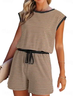 Women's Normal Romper Active Striped Short Sleeve Round Neck Pocket Drawstring Vacation Daily Regular Fit Black White Pink Summer Women Graphic Jumpsuit