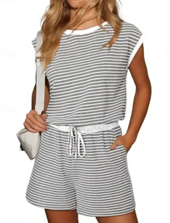 Women's Normal Romper Active Striped Short Sleeve Round Neck Pocket Drawstring Vacation Daily Regular Fit Black White Pink Summer Women Graphic Jumpsuit