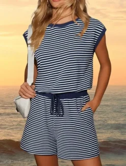 Women's Normal Romper Active Striped Short Sleeve Round Neck Pocket Drawstring Vacation Daily Regular Fit Black White Pink Summer Women Graphic Jumpsuit