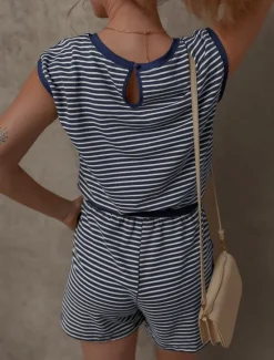 Women's Normal Romper Active Striped Short Sleeve Round Neck Pocket Drawstring Vacation Daily Regular Fit Black White Pink Summer Women Graphic Jumpsuit