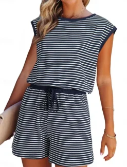 Women's Normal Romper Active Striped Short Sleeve Round Neck Pocket Drawstring Vacation Daily Regular Fit Black White Pink Summer Women Graphic Jumpsuit