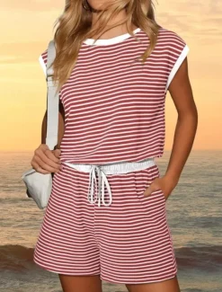 Women's Normal Romper Active Striped Short Sleeve Round Neck Pocket Drawstring Vacation Daily Regular Fit Black White Pink Summer Women Graphic Jumpsuit