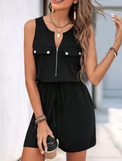 New Women's Normal Romper Active Solid Color Sleeveless Round Neck Zipper Pocket Vacation Daily Regular Fit Summer Women Rompers