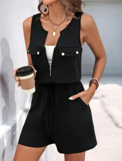 New Women's Normal Romper Active Solid Color Sleeveless Round Neck Zipper Pocket Vacation Daily Regular Fit Summer Women Rompers