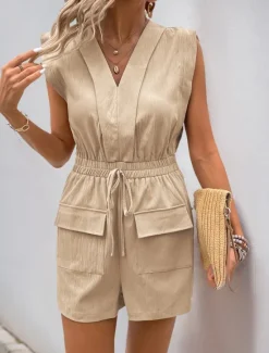 Clearance Women's Normal Romper Active Solid Color Sleeveless V Neck Pocket High Waist Vacation Daily Regular Fit Summer Women Rompers