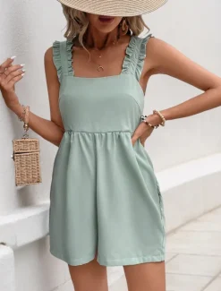 Outlet Women's Normal Romper Active Solid Color Sleeveless Square Neck Backless Pocket Vacation Daily Regular Fit Summer Women Rompers