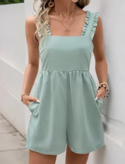 Outlet Women's Normal Romper Active Solid Color Sleeveless Square Neck Backless Pocket Vacation Daily Regular Fit Summer Women Rompers