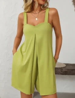 Women's Normal Romper Active Solid Color Sleeveless V Neck Pocket Vacation Daily Regular Fit Black Green Summer Women Rompers