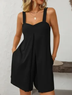 Women's Normal Romper Active Solid Color Sleeveless V Neck Pocket Vacation Daily Regular Fit Black Green Summer Women Rompers