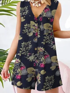 Clearance Women's Normal Romper Active Floral Sleeveless V Neck Buttons High Waist Vacation Daily Regular Fit Yellow Red Navy Blue Summer Women Rompers