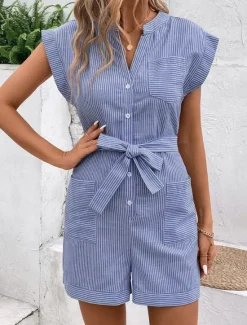 Hot Women's Normal Romper Active Striped Sleeveless V Neck Lace up Pocket Vacation Daily Regular Fit Red Blue Green Summer Women Rompers