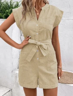 Hot Women's Normal Romper Active Striped Sleeveless V Neck Lace up Pocket Vacation Daily Regular Fit Red Blue Green Summer Women Rompers