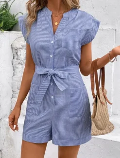 Hot Women's Normal Romper Active Striped Sleeveless V Neck Lace up Pocket Vacation Daily Regular Fit Red Blue Green Summer Women Rompers