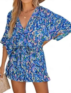 Online Women's Normal Romper Active Geometric 3/4 Length Sleeve V Neck Print Vacation Daily Regular Fit Pink Blue Purple Summer Women Graphic Jumpsuit