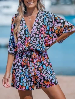 Online Women's Normal Romper Active Geometric 3/4 Length Sleeve V Neck Print Vacation Daily Regular Fit Pink Blue Purple Summer Women Graphic Jumpsuit
