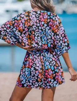 Online Women's Normal Romper Active Geometric 3/4 Length Sleeve V Neck Print Vacation Daily Regular Fit Pink Blue Purple Summer Women Graphic Jumpsuit