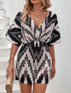 Outlet Women's Normal Romper Active Geometric Short Sleeve V Neck High Waist Print Vacation Daily Regular Fit Summer Women Rompers