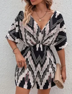 Outlet Women's Normal Romper Active Geometric Short Sleeve V Neck High Waist Print Vacation Daily Regular Fit Summer Women Rompers