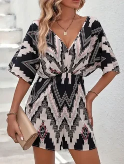 Outlet Women's Normal Romper Active Geometric Short Sleeve V Neck High Waist Print Vacation Daily Regular Fit Summer Women Rompers