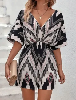 Outlet Women's Normal Romper Active Geometric Short Sleeve V Neck High Waist Print Vacation Daily Regular Fit Summer Women Rompers
