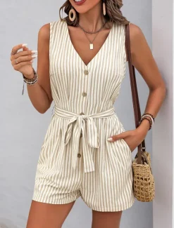 New Women's Normal Romper Active Striped Sleeveless V Neck Buttons Pocket Vacation Daily Loose Fit Khaki Light Blue Summer Women Jumpsuits