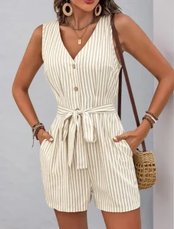 New Women's Normal Romper Active Striped Sleeveless V Neck Buttons Pocket Vacation Daily Loose Fit Khaki Light Blue Summer Women Jumpsuits