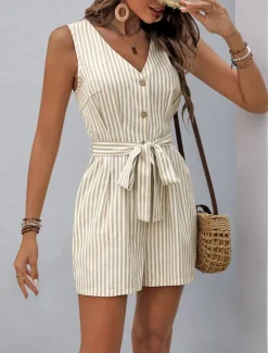 New Women's Normal Romper Active Striped Sleeveless V Neck Buttons Pocket Vacation Daily Loose Fit Khaki Light Blue Summer Women Jumpsuits