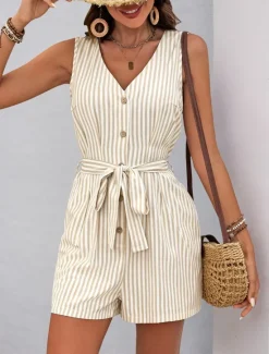 New Women's Normal Romper Active Striped Sleeveless V Neck Buttons Pocket Vacation Daily Loose Fit Khaki Light Blue Summer Women Jumpsuits