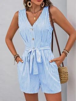 New Women's Normal Romper Active Striped Sleeveless V Neck Buttons Pocket Vacation Daily Loose Fit Khaki Light Blue Summer Women Jumpsuits