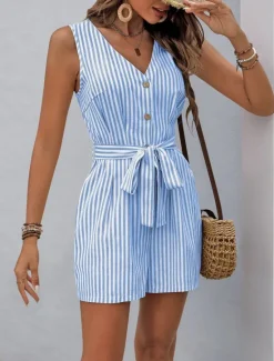 New Women's Normal Romper Active Striped Sleeveless V Neck Buttons Pocket Vacation Daily Loose Fit Khaki Light Blue Summer Women Jumpsuits