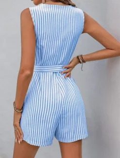 New Women's Normal Romper Active Striped Sleeveless V Neck Buttons Pocket Vacation Daily Loose Fit Khaki Light Blue Summer Women Jumpsuits