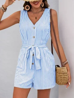 New Women's Normal Romper Active Striped Sleeveless V Neck Buttons Pocket Vacation Daily Loose Fit Khaki Light Blue Summer Women Jumpsuits