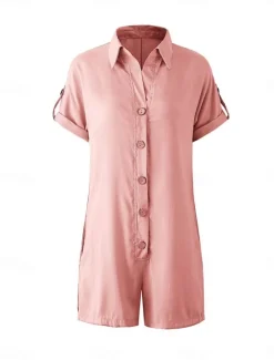Hot Women's Normal Romper Active Solid Color Short Sleeve Shirt Collar Buttons Vacation Daily Regular Fit White Pink Summer Women Rompers|Sets