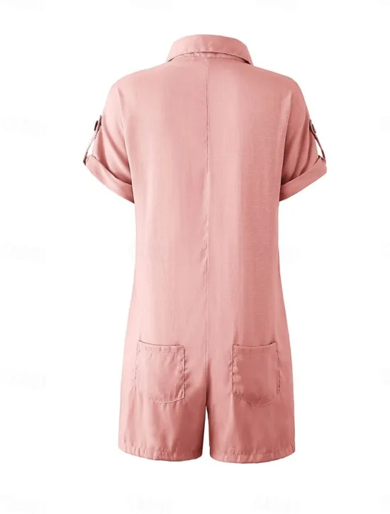 Hot Women's Normal Romper Active Solid Color Short Sleeve Shirt Collar Buttons Vacation Daily Regular Fit White Pink Summer Women Rompers|Sets