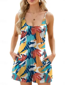 Online Women's Normal Romper Active Floral Sleeveless U Neck Pocket Vacation Street Regular Fit Pink Royal Blue Blue Summer Women Graphic Jumpsuit