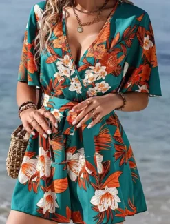 Online Women's Normal Romper Active Floral Short Sleeve V Neck High Waist Print Vacation Daily Regular Fit Black Green Summer Women Rompers