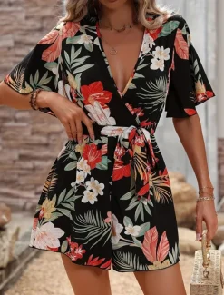 Online Women's Normal Romper Active Floral Short Sleeve V Neck High Waist Print Vacation Daily Regular Fit Black Green Summer Women Rompers