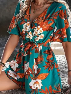 Online Women's Normal Romper Active Floral Short Sleeve V Neck High Waist Print Vacation Daily Regular Fit Black Green Summer Women Rompers