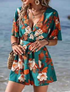 Online Women's Normal Romper Active Floral Short Sleeve V Neck High Waist Print Vacation Daily Regular Fit Black Green Summer Women Rompers
