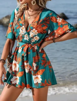Online Women's Normal Romper Active Floral Short Sleeve V Neck High Waist Print Vacation Daily Regular Fit Black Green Summer Women Rompers