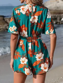 Online Women's Normal Romper Active Floral Short Sleeve V Neck High Waist Print Vacation Daily Regular Fit Black Green Summer Women Rompers