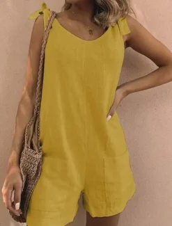 Best Women's Normal Romper Basic Solid Color Sleeveless V Neck Pocket Daily Weekend Regular Fit White Yellow Blue Summer Women Rompers