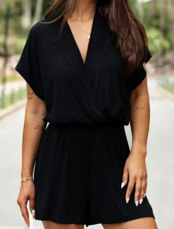 New Women's Normal Romper Streetwear Solid Color Short Sleeve V Neck Street Daily Regular Fit Black White Fuchsia Summer Women Rompers