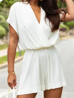New Women's Normal Romper Streetwear Solid Color Short Sleeve V Neck Street Daily Regular Fit Black White Fuchsia Summer Women Rompers