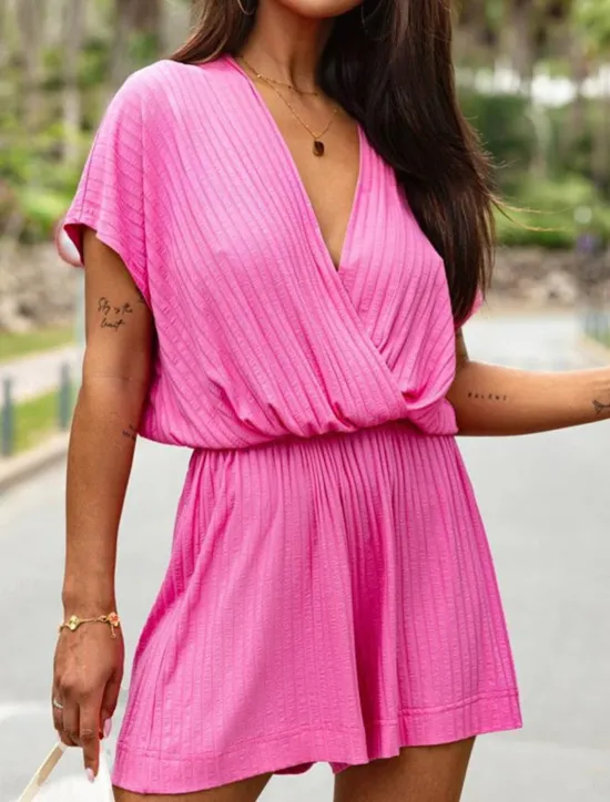 New Women's Normal Romper Streetwear Solid Color Short Sleeve V Neck Street Daily Regular Fit Black White Fuchsia Summer Women Rompers
